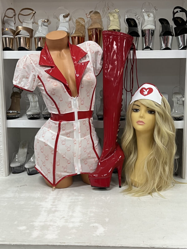 White mesh nurse dress with red trim and bunny print pattern throughout