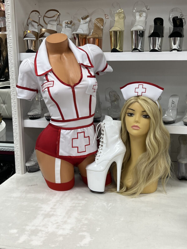 White nurse costume bodysuit with red cross details and matching hat headband