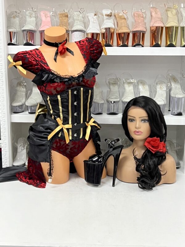 Red velvet saloon girl costume with corset, layered skirt, and gold bow accessories