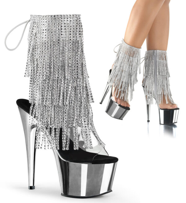 7" Heel, 2 3/4" PF Open Toe/Heel Lace-Up Fringe Ankle Boot