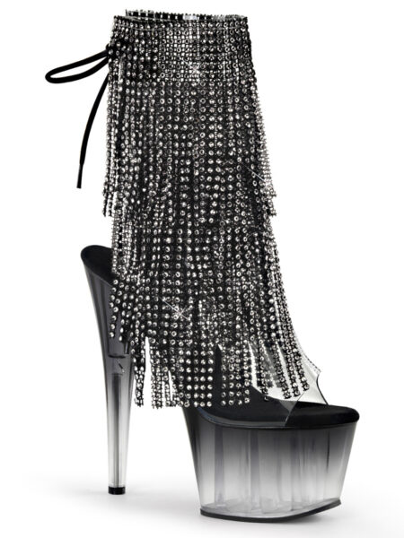 7" Heel, 2 3/4" PF Open Toe/Heel Lace-Up Fringe Ankle Boot