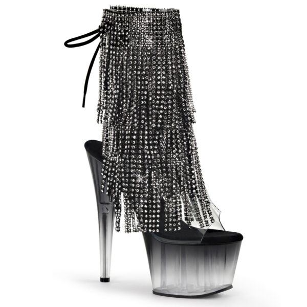 7" Heel, 2 3/4" PF Open Toe/Heel Lace-Up Fringe Ankle Boot