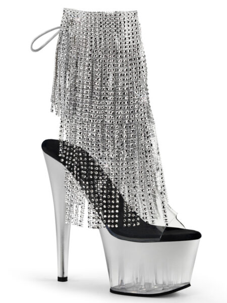 7" Heel, 2 3/4" PF Open Toe/Heel Lace-Up Fringe Ankle Boot