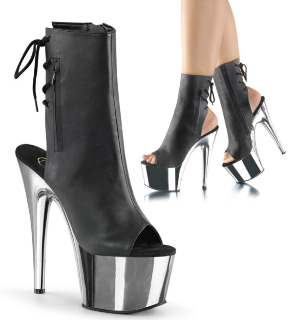 7" Heel, 2 3/4" Chrome Plated PF Open Toe/Heel Ankle Boot