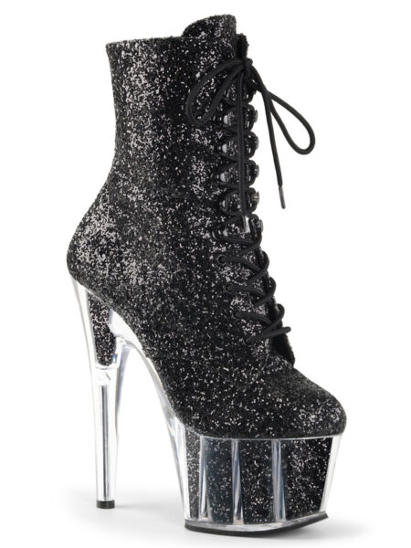 7″ Heel, 2 3/4″ PF Lace-Up Glitter Ankle Boot, Side Zip