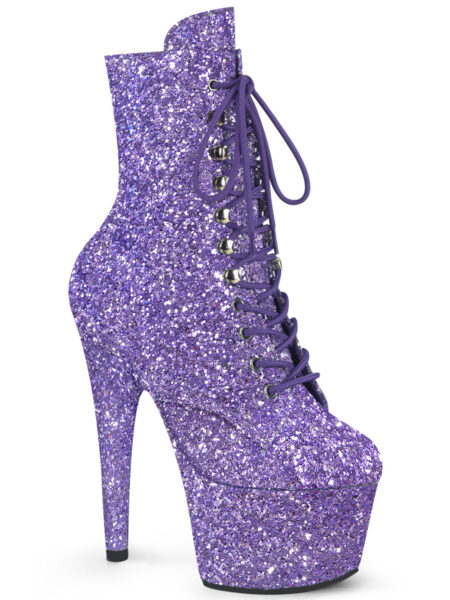 7" Heel, 2 3/4" PF Lace-Up Glitter Ankle Boot, Side Zip