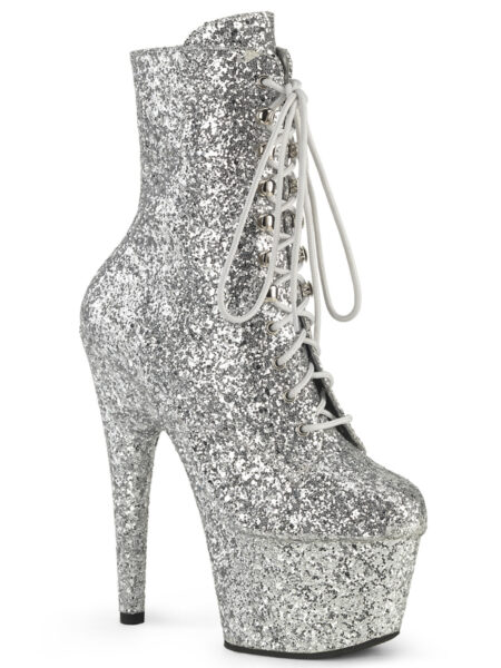 7" Heel, 2 3/4" PF Lace-Up Glitter Ankle Boot, Side Zip