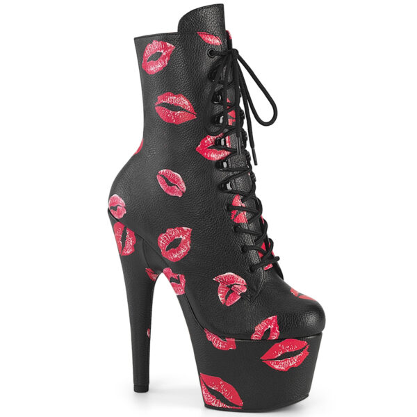 7" Heel, 2 3/4" PF Lace-Up Lips Print Ankle Boot, Side Zip
