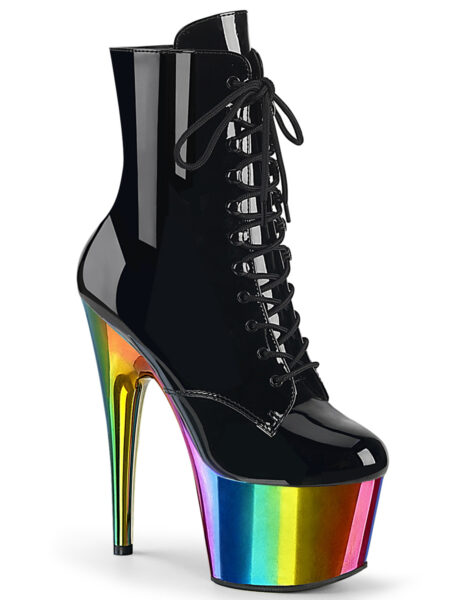 7" Heel, 2 3/4" Chromed PF Lace-Up Ankle Boot, Side Zip
