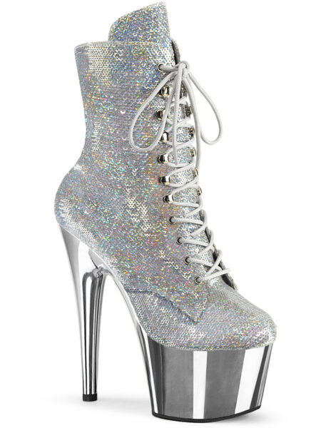 7" Heel, 2 3/4" PF Lace-Up Sequins Ankle Boot, Side Zip