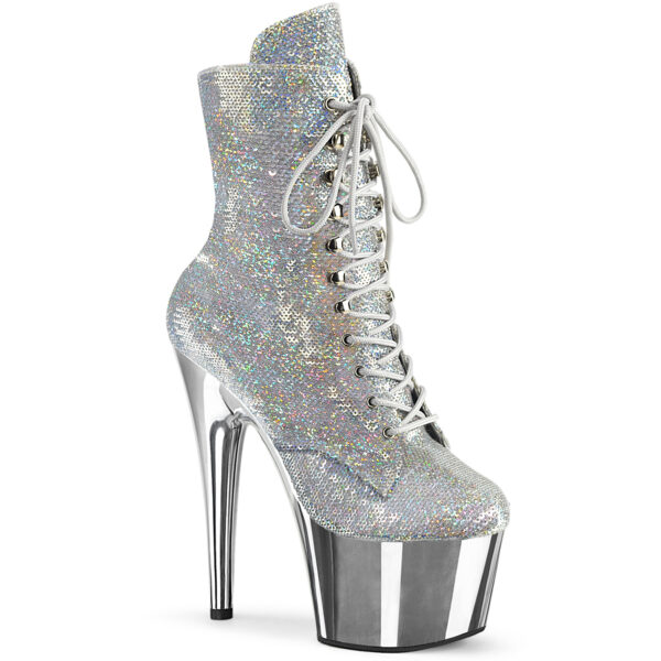 7" Heel, 2 3/4" PF Lace-Up Sequins Ankle Boot, Side Zip