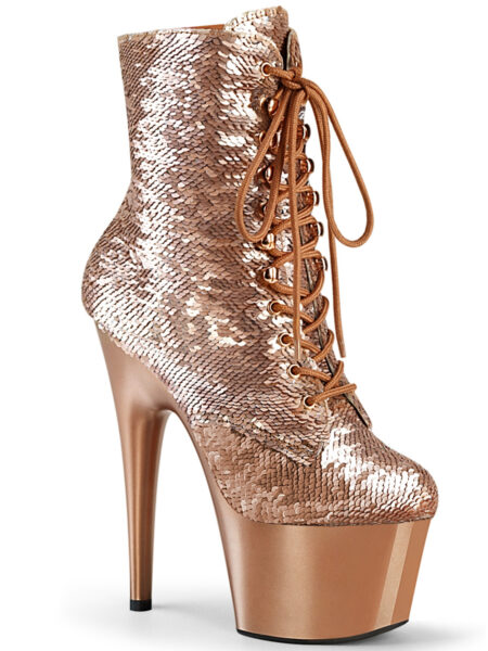 *7" Heel, 2 3/4" PF Lace-Up Sequins Ankle Boot, Side Zip