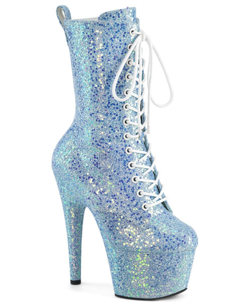 7" Heel, 2 3/4" PF Lace-Up Holo Glitter Ankle Boot, Side Zip