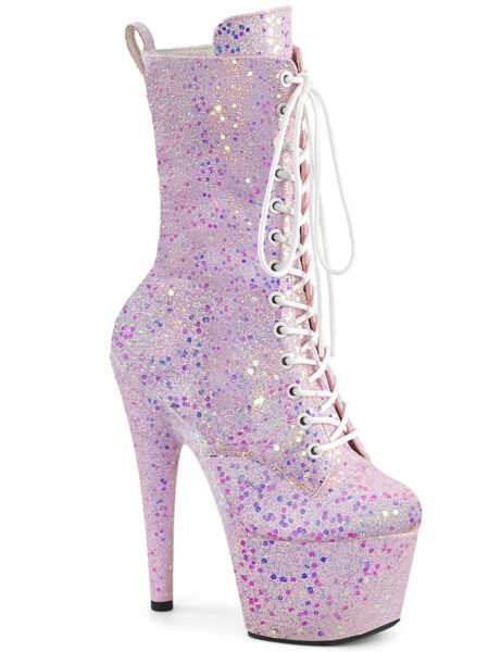 7" Heel, 2 3/4" PF Lace-Up Holo Glitter Ankle Boot, Side Zip