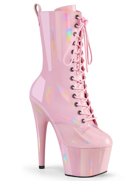 7" Heel, 2 3/4" PF Holographic Lace-Up Ankle Boot, Side Zip