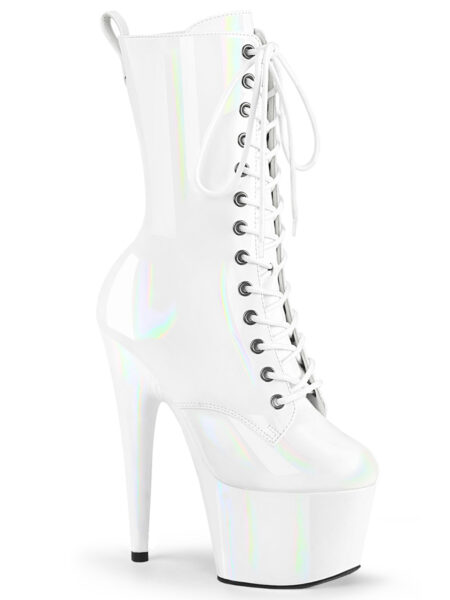7" Heel, 2 3/4" PF Holographic Lace-Up Ankle Boot, Side Zip
