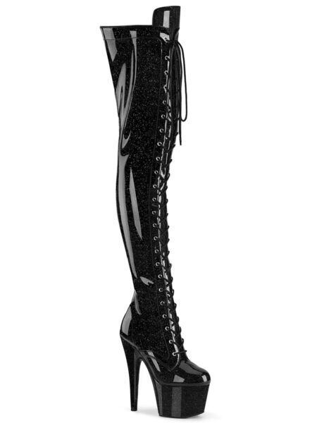 7" Heel, 2 3/4" PF Lace-Up Stretch Thigh Boot, Side Zip