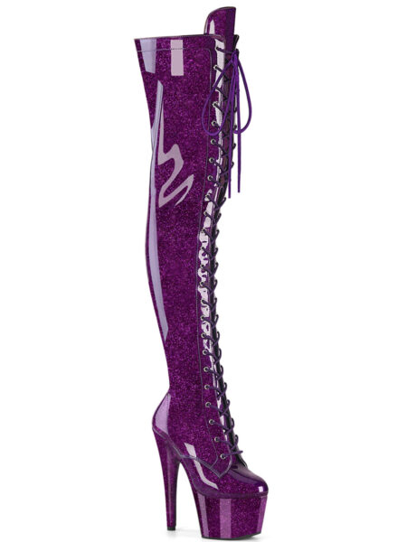 7" Heel, 2 3/4" PF Lace-Up Stretch Thigh Boot, Side Zip