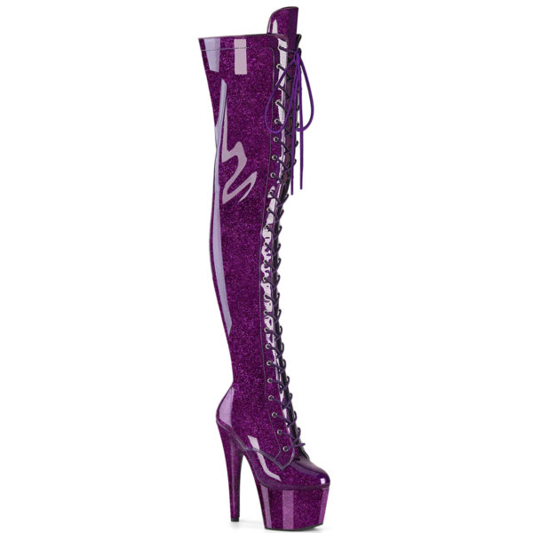 7" Heel, 2 3/4" PF Lace-Up Stretch Thigh Boot, Side Zip