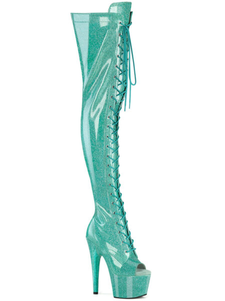 7" Heel, 2 3/4" PF Peep Toe Lace-Up Thigh Boot, Side Zip