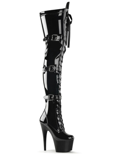 7" Heel, 2 3/4" PF Laceup Triple-Buckle Thigh Boot, Side Zip