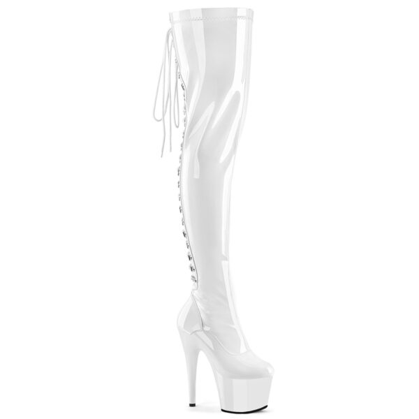 7" Heel, 2 3/4" PF Lace-Up Back Stretch Thigh Boot, Side Zip