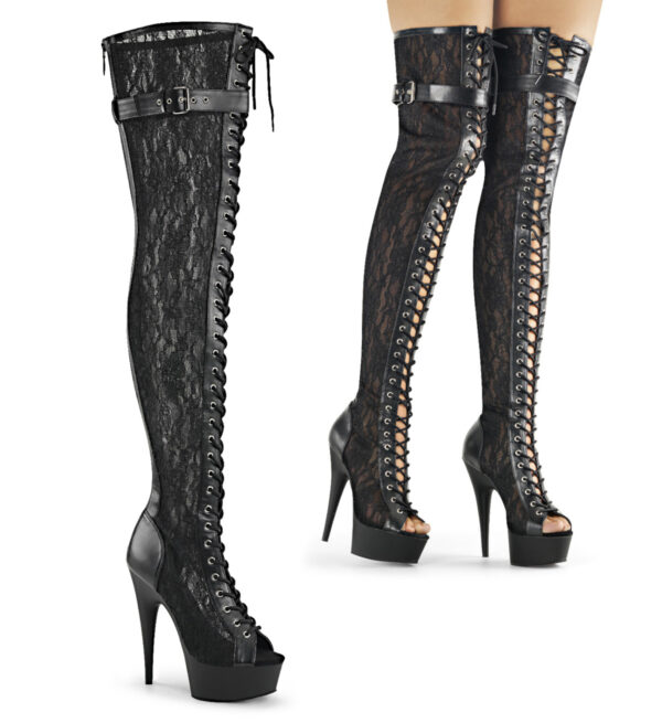 6" Heel, 1 3/4" PF Peep Toe Lace-up Thigh Boot, Back Zip