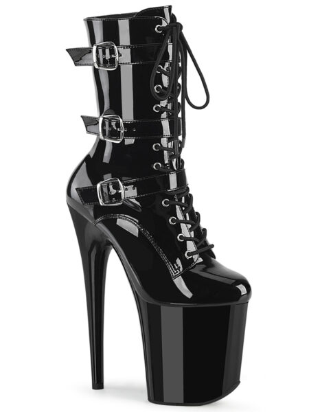 8" Heel, 4" PF Lace-Up Multi Buckled Ankle Boot, Side Zip
