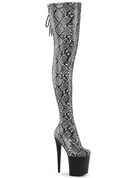 8" Heel, 4" PF Stretch Snake Print Pull-On Thigh Boot