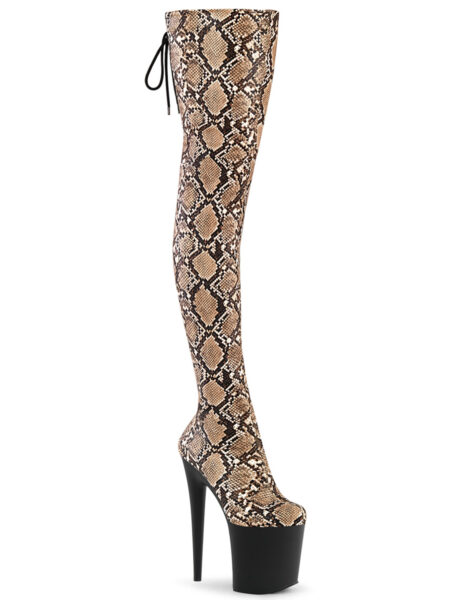 8" Heel, 4" PF Stretch Snake Print Pull-On Thigh Boot