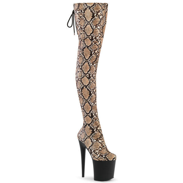 8" Heel, 4" PF Stretch Snake Print Pull-On Thigh Boot