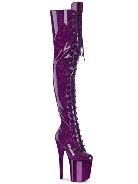 8" Heel, 4" PF Lace-Up Stretch Thigh Boot, Side Zip