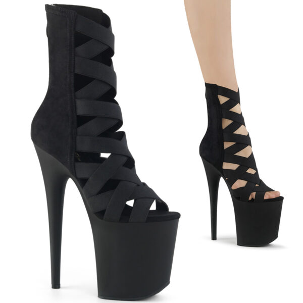 8" Heel, 4" PF Criss Cross Bootie Sandal, Back Zip