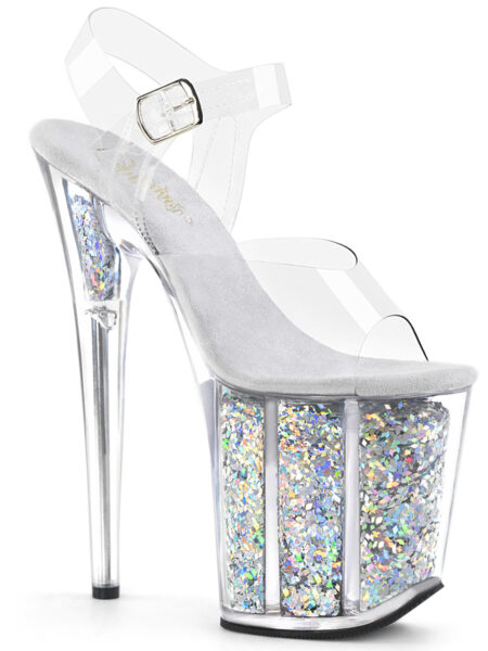 8" Heel, 4" Glitter Filled PF Ankle Strap Sandal