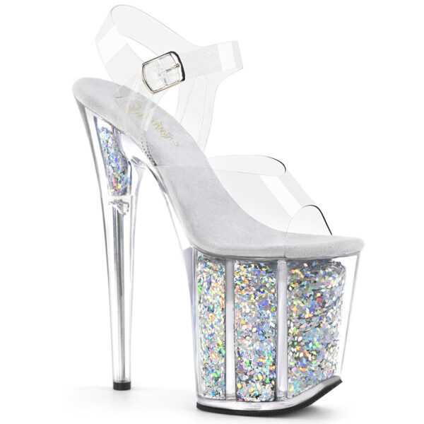 8" Heel, 4" Glitter Filled PF Ankle Strap Sandal