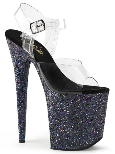 8" Heel, 4" PF Ankle Strap Sandal w/Holographic Glitter Cov