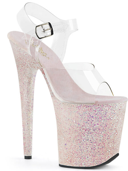 8" Heel, 4" PF Ankle Strap Sandal w/ Glitter Bottom