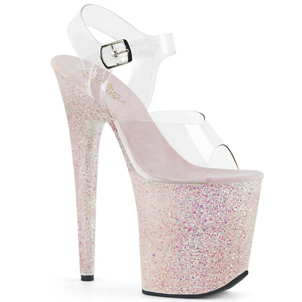 8" Heel, 4" PF Ankle Strap Sandal w/ Glitter Bottom
