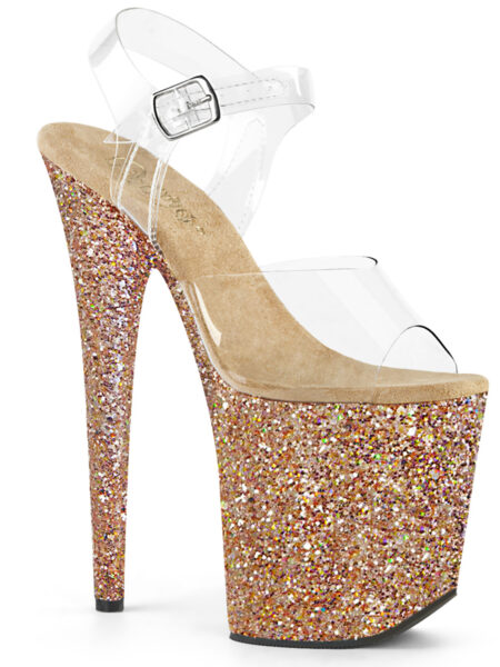8" Heel, 4" PF Ankle Strap Sandal w/ Glitter Bottom