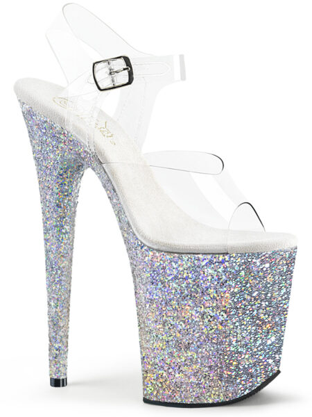 8" Heel, 4" PF Ankle Strap Sandal w/ Glitter Bottom
