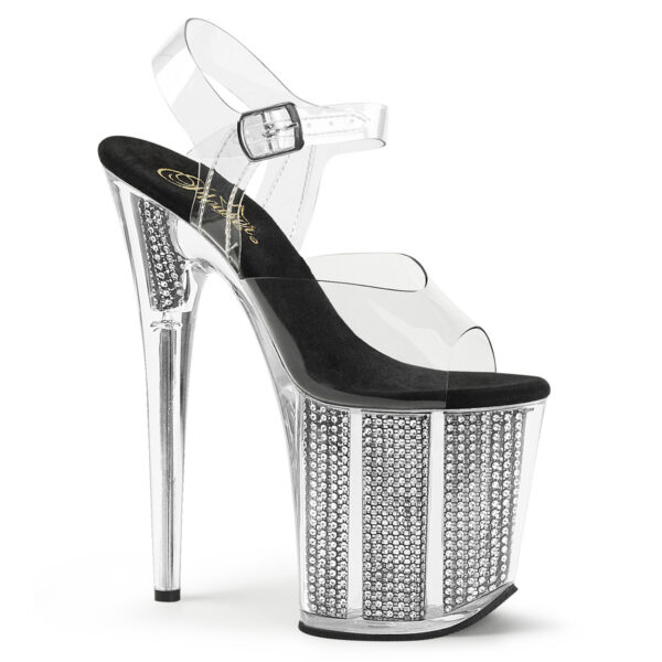 8" Heel, 4"PF Ankle Strap Sandal W/Simulated RS Filled BTM