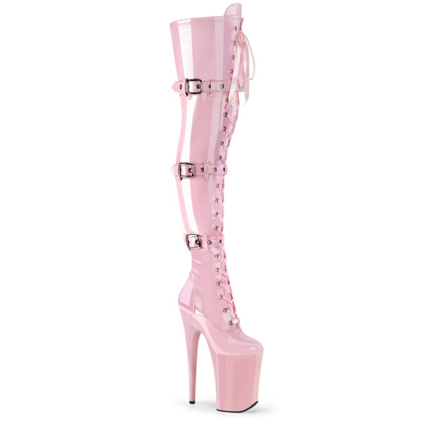 9" Heel, 5 1/4" PF Buckled Lace Up Thigh Boot, Side Zip
