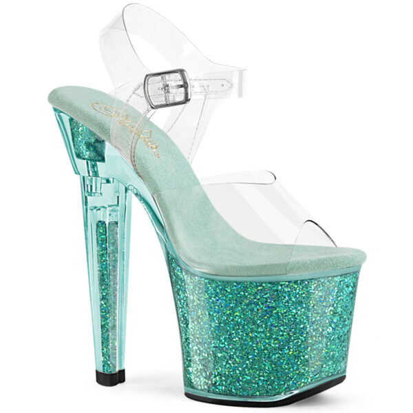 7" Heel, 3 1/4" PF Ankle Strap Sandal w/Iridescent Glitters