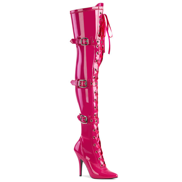5" Heel Lace-Up Buckle Strap Stretch Thigh Boot, Side Zip
