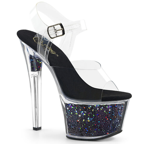 7" Heel, 2 3/4" Glitter Filled PF Ankle Strap Sandal