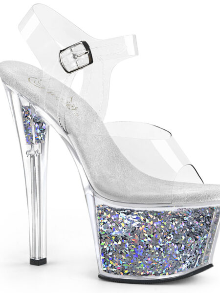 7" Heel, 2 3/4" Glitter Filled PF Ankle Strap Sandal