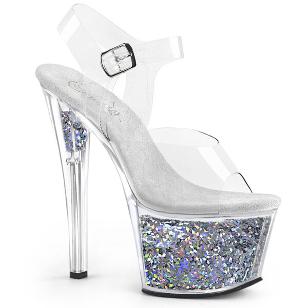 7" Heel, 2 3/4" Glitter Filled PF Ankle Strap Sandal