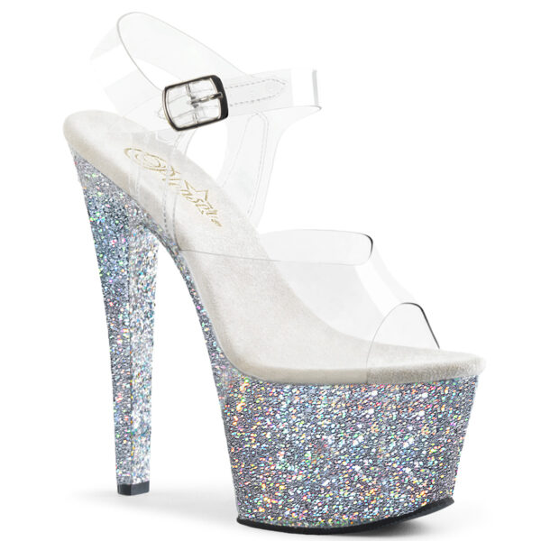 7" Heel, 2 3/4" PF Ankle Strap Sandal w/ Glitter Bottom