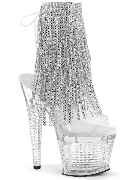 7" Heel, 3" Textured PF Open Toe/Heel Lace-Up Fringe Ankle