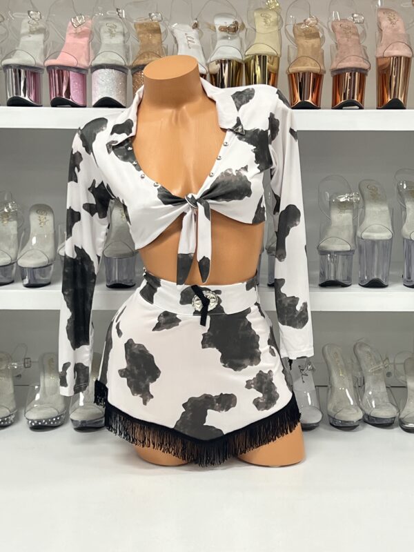 Cow Print Western Set Costume with Fringe Skirt & Tie Top - Image 4